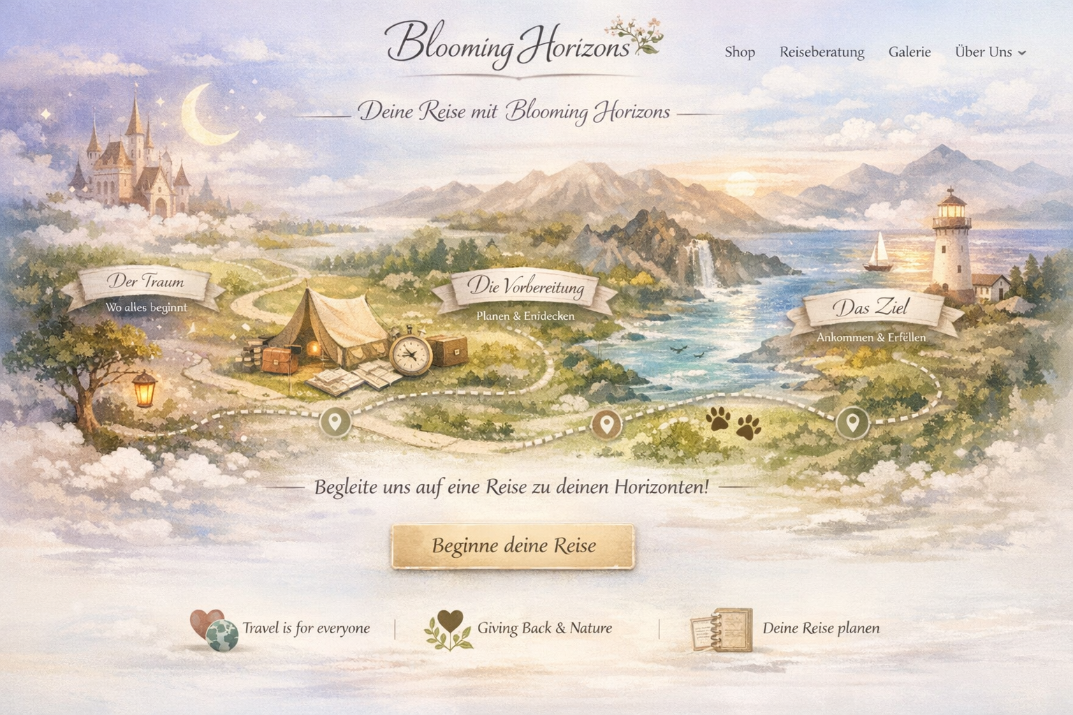 Traumhafte Reise-Landschaft im Fairycore-Stil mit Bergen, Meer und Kartenoptik - Blooming Horizons